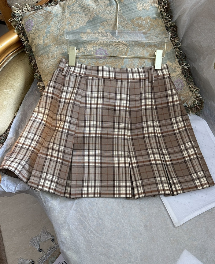 Brown Plaid Pleated Mini Skirt