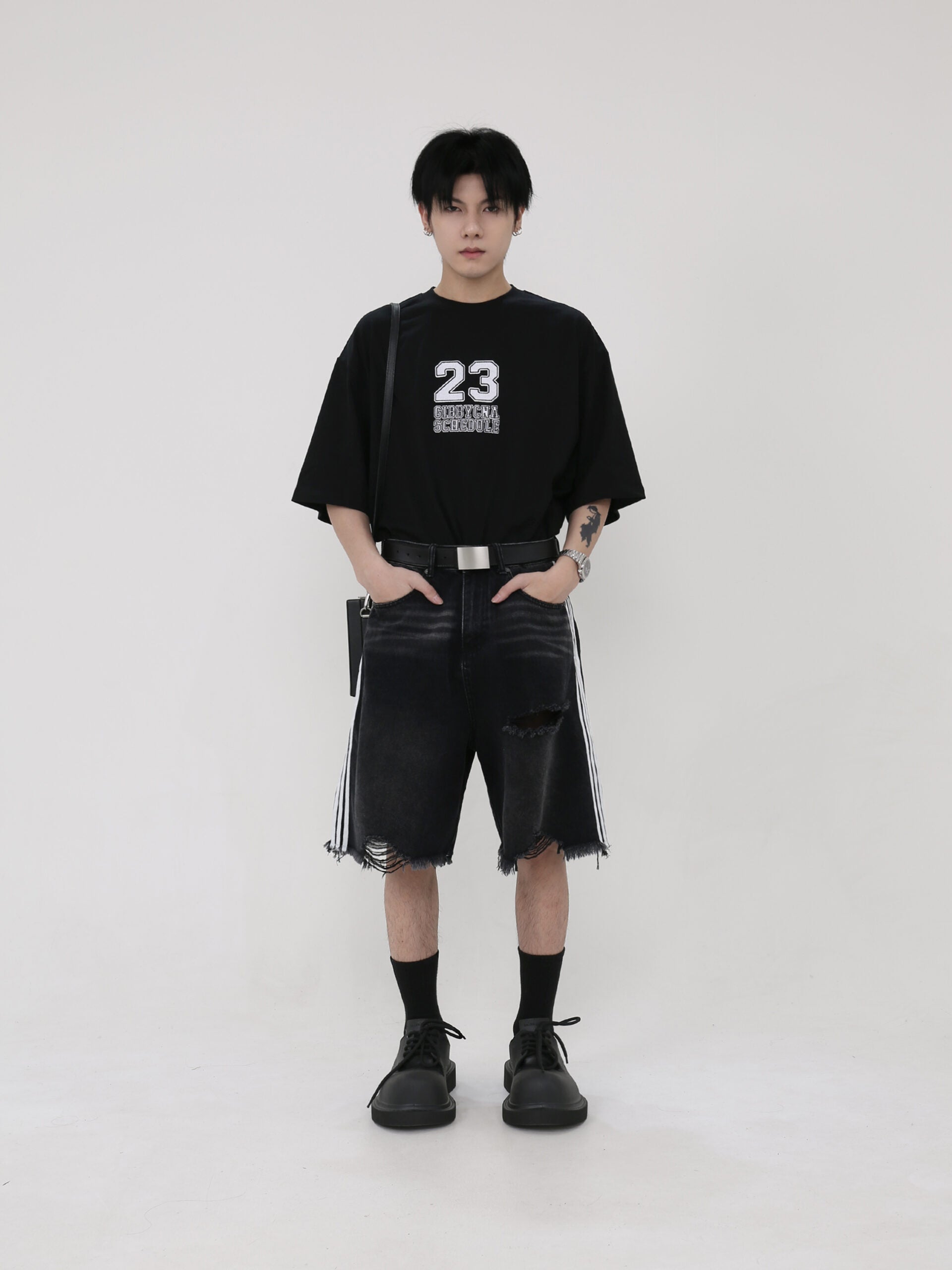 Black Mid-Length Tattered Denim Shorts
