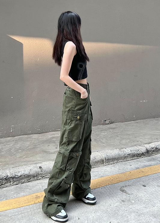 Army Green Multi-Pocket Cargo Jeans