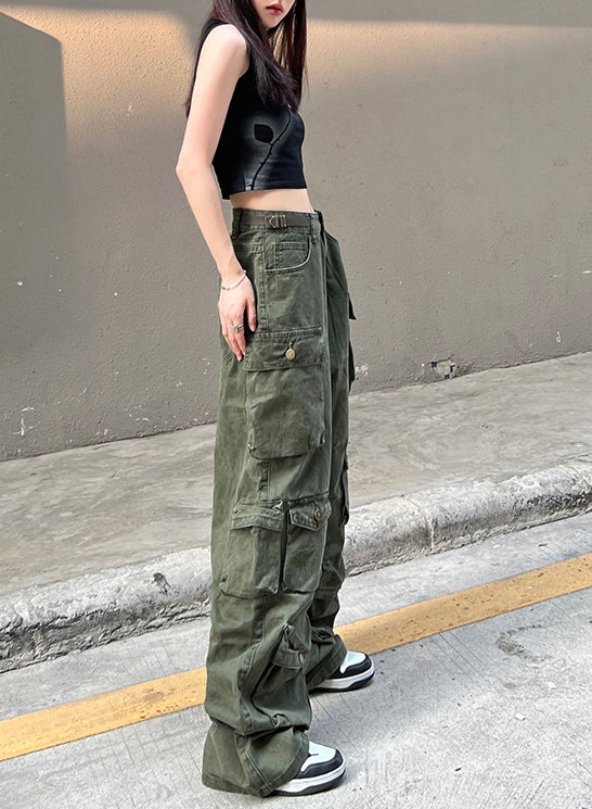 Army Green Multi-Pocket Cargo Jeans