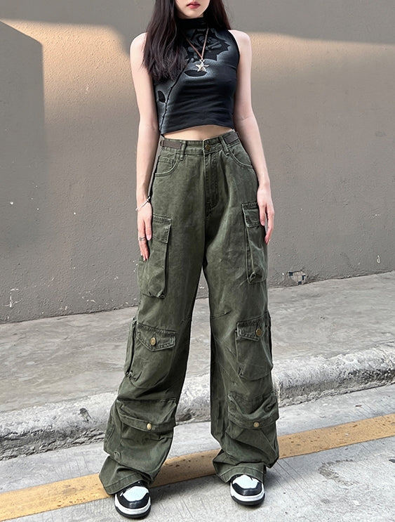 Army Green Multi-Pocket Cargo Jeans