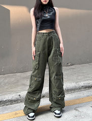 Army Green Multi-Pocket Cargo Jeans