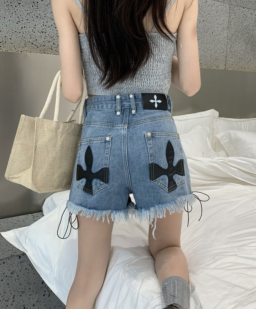 Black Cross Patched Denim Shorts