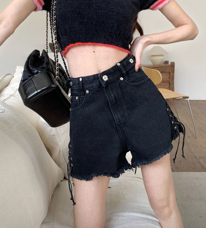 Black Cross Patched Denim Shorts