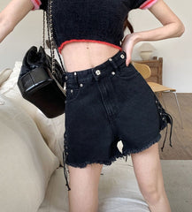 Black Cross Patched Denim Shorts