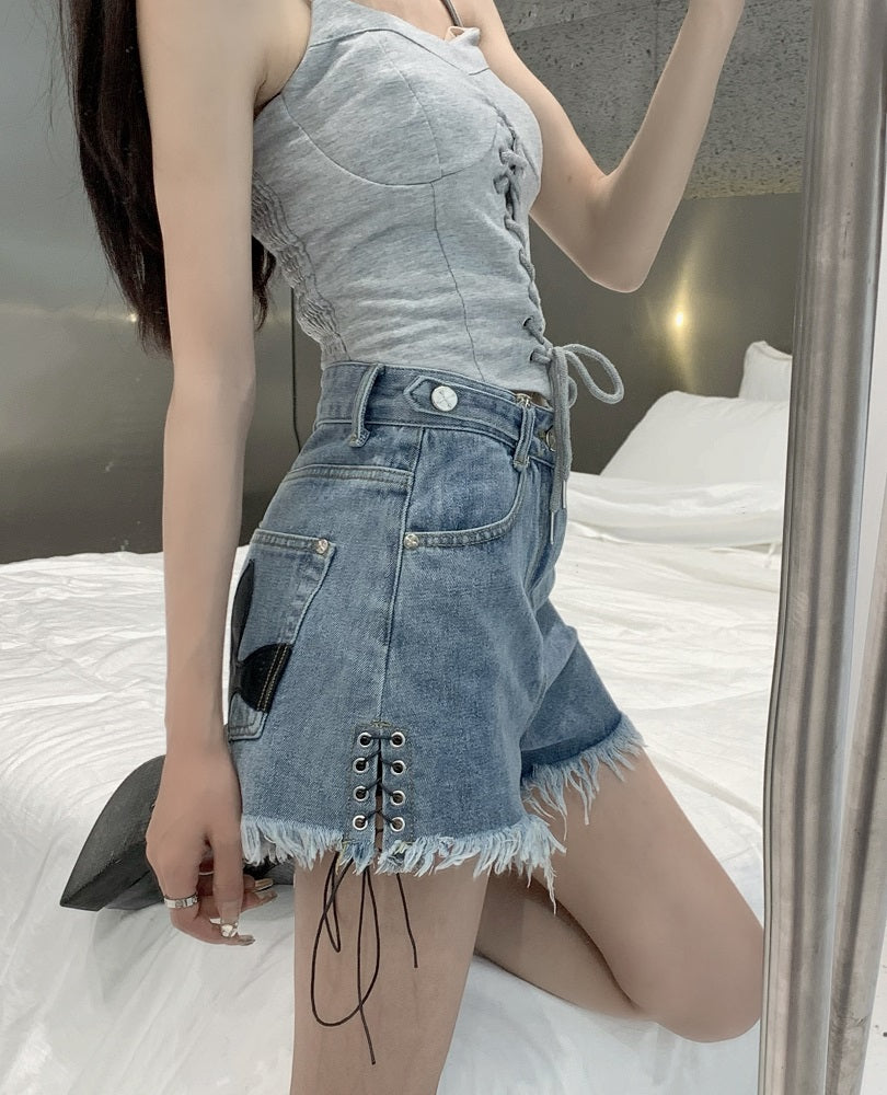 Black Cross Patched Denim Shorts