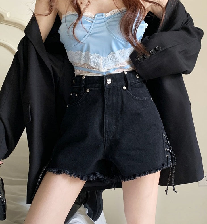 Black Cross Patched Denim Shorts