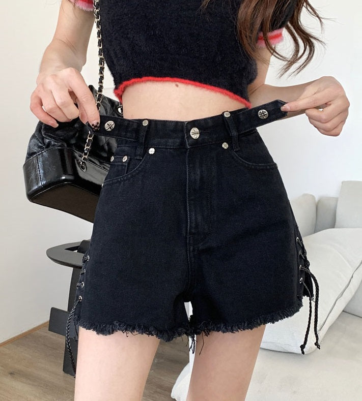Black Cross Patched Denim Shorts