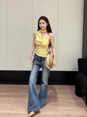 Yellow Asymmetric Cowl Scarf Top