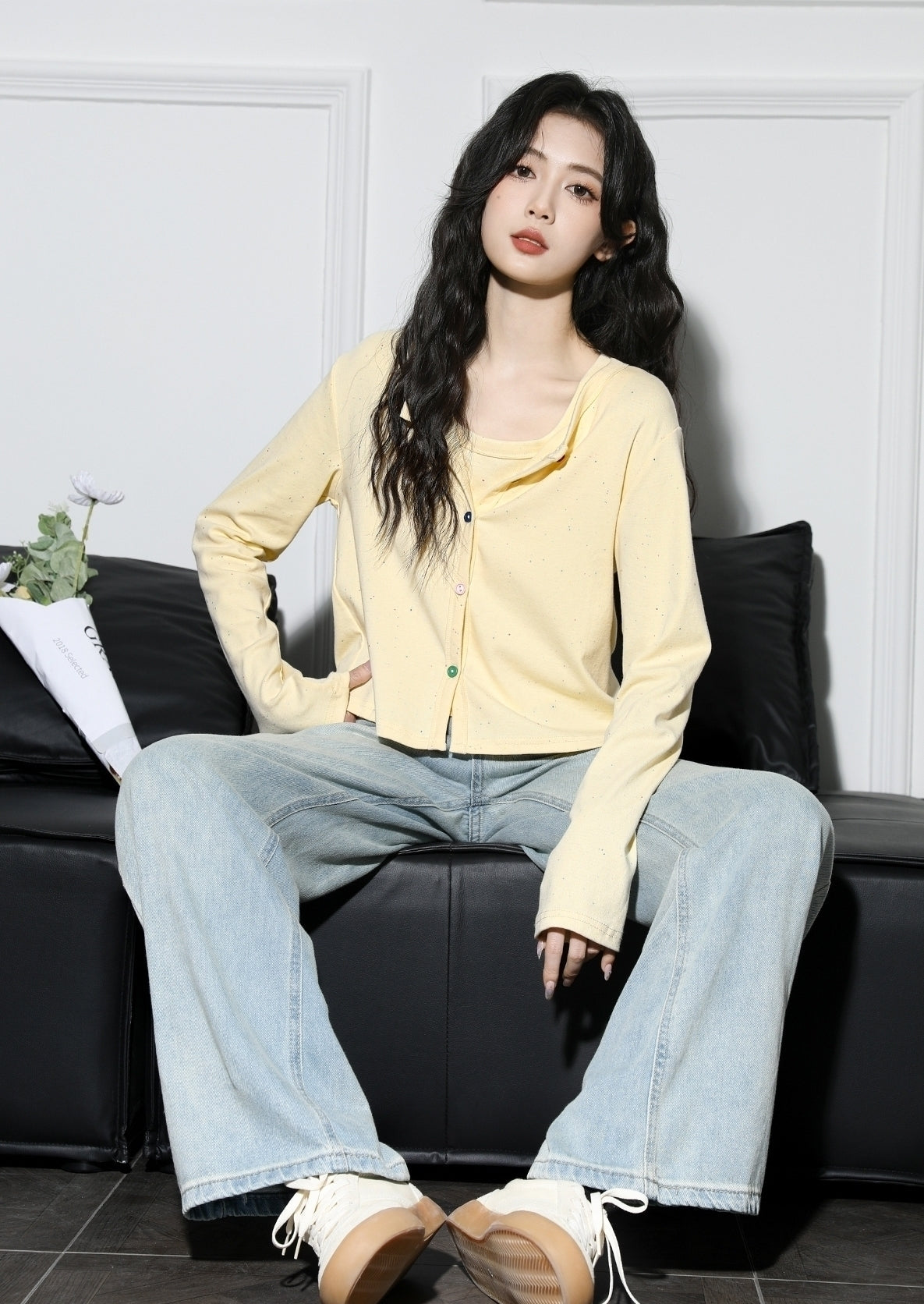 Yellow Cardigan And Tank Top Set Long Sleeve