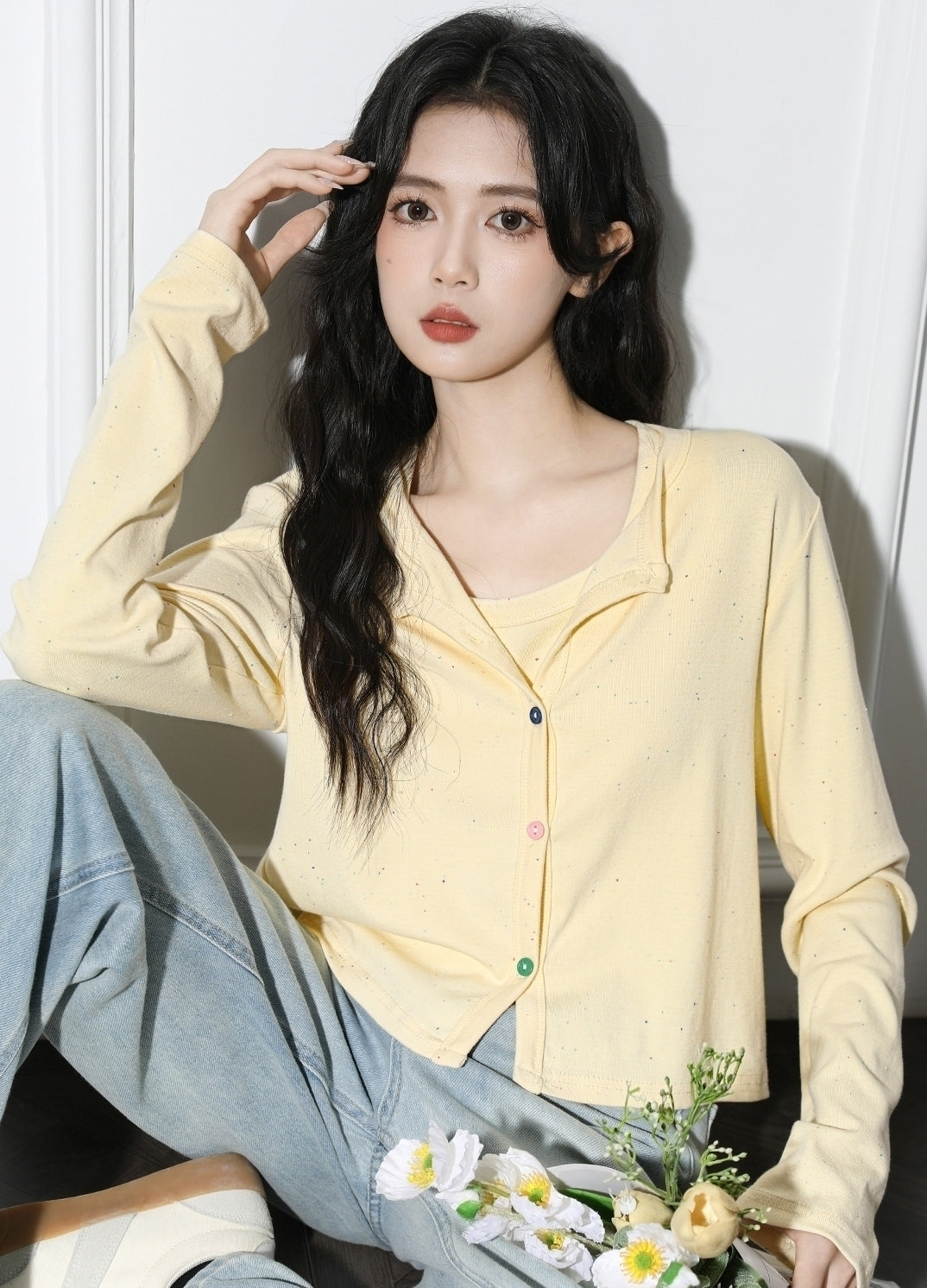 Yellow Cardigan And Tank Top Set Long Sleeve