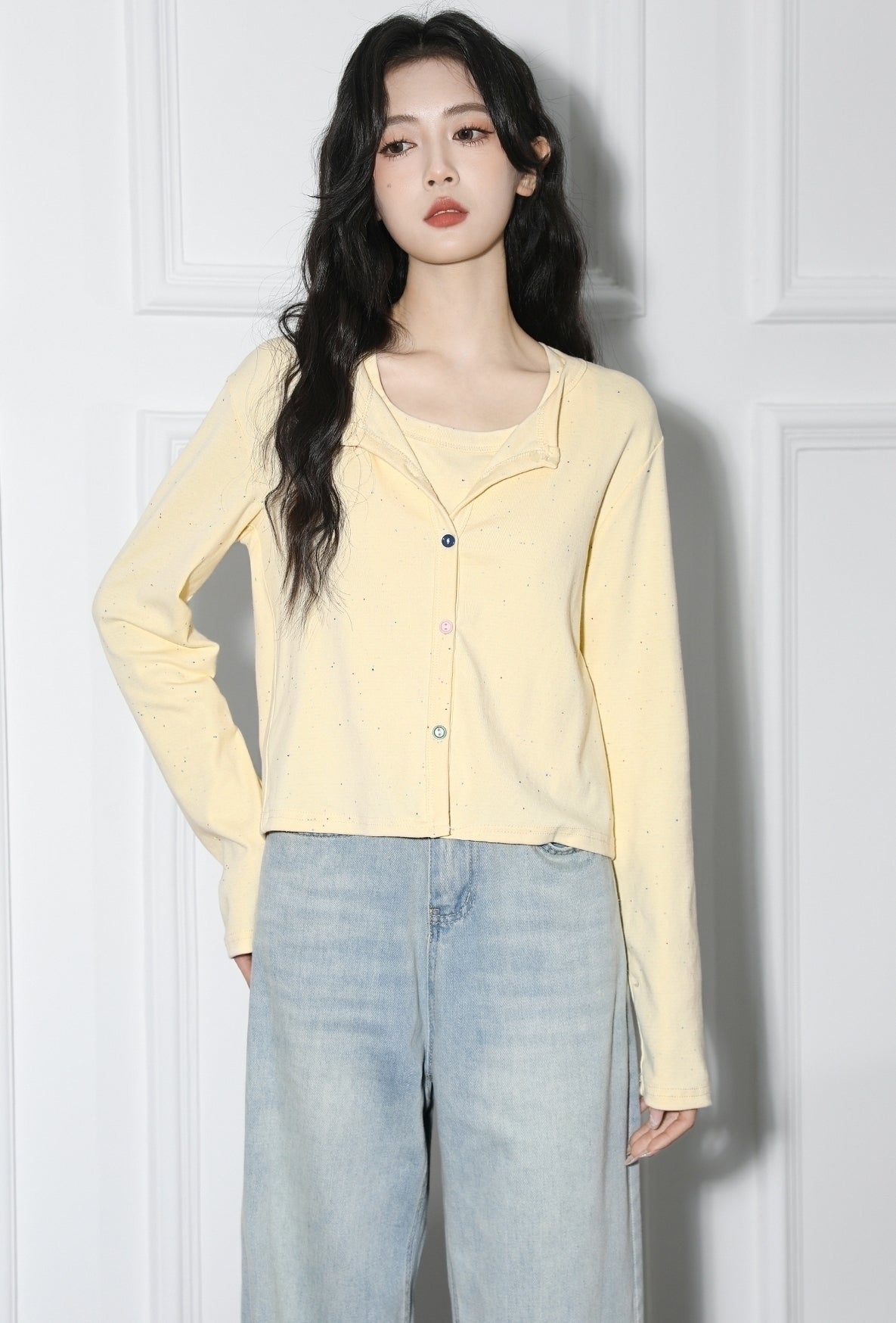 Yellow Cardigan And Tank Top Set Long Sleeve