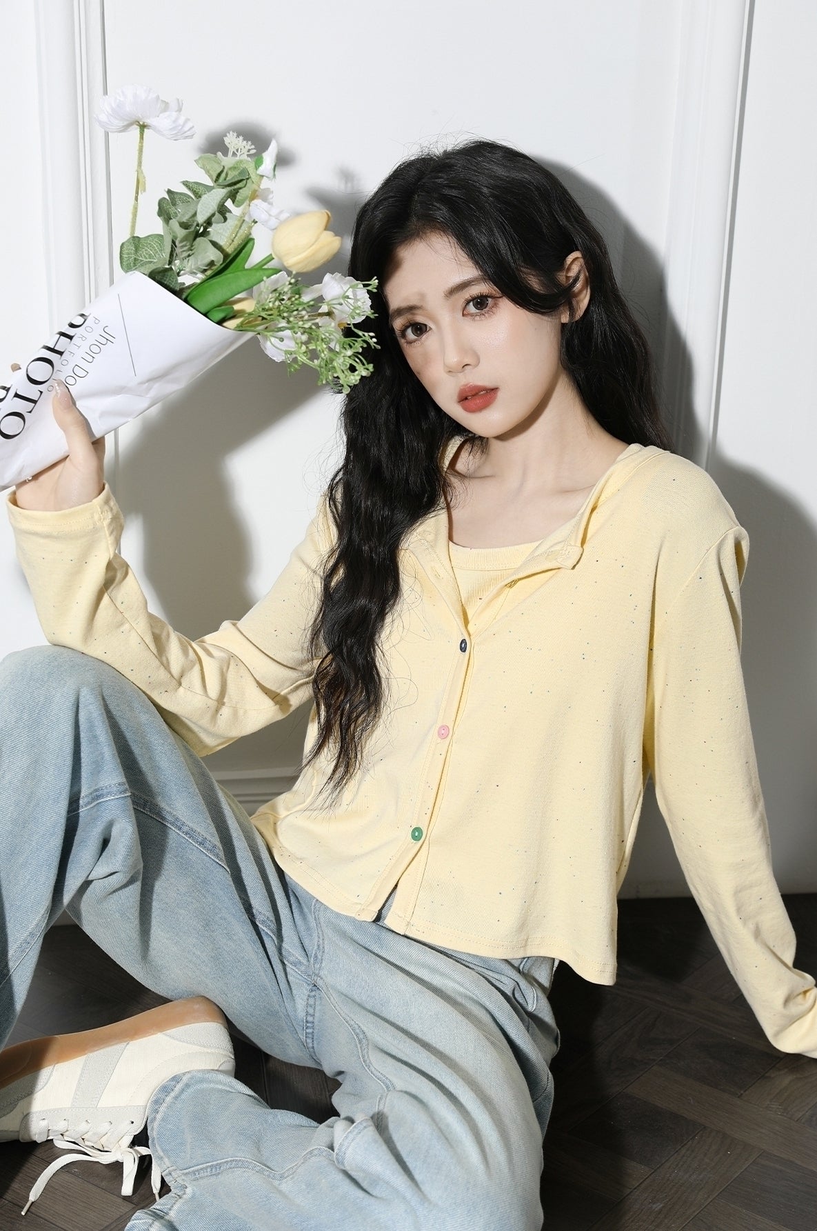 Yellow Cardigan And Tank Top Set Long Sleeve