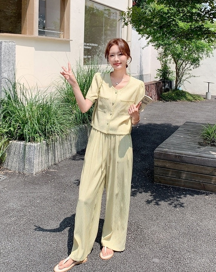 Yellow Casual Relaxed Fit Wide Leg Pants Set