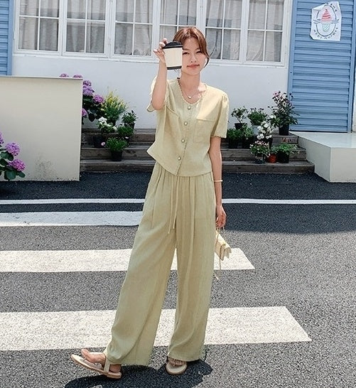 Yellow Casual Relaxed Fit Wide Leg Pants Set