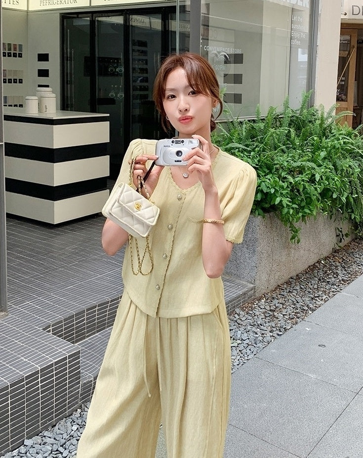 Yellow Casual Relaxed Fit Wide Leg Pants Set