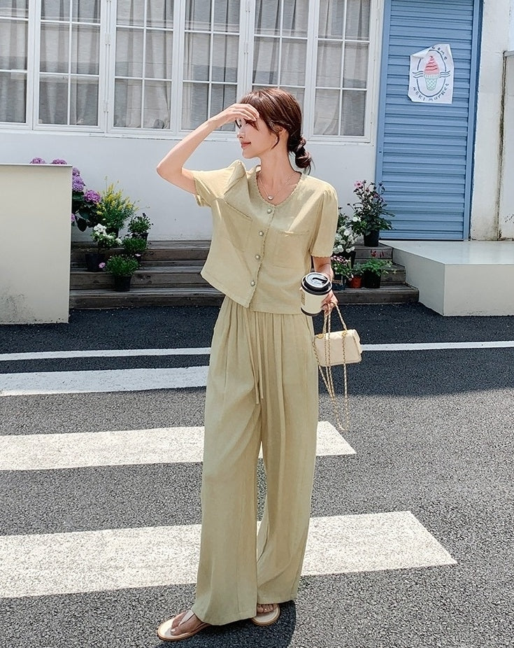 Yellow Casual Relaxed Fit Wide Leg Pants Set