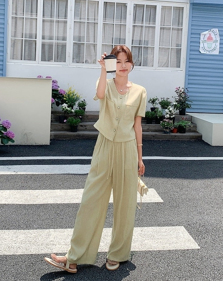 Yellow Casual Relaxed Fit Wide Leg Pants Set
