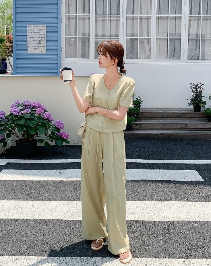 Yellow Casual Relaxed Fit Wide Leg Pants Set