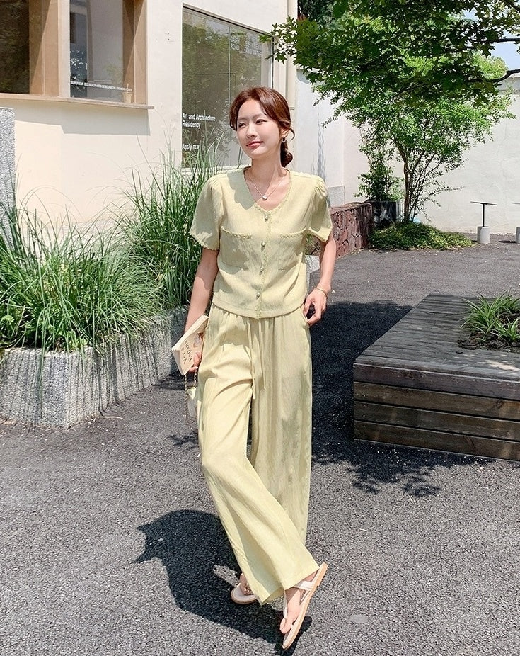 Yellow Casual Relaxed Fit Wide Leg Pants Set