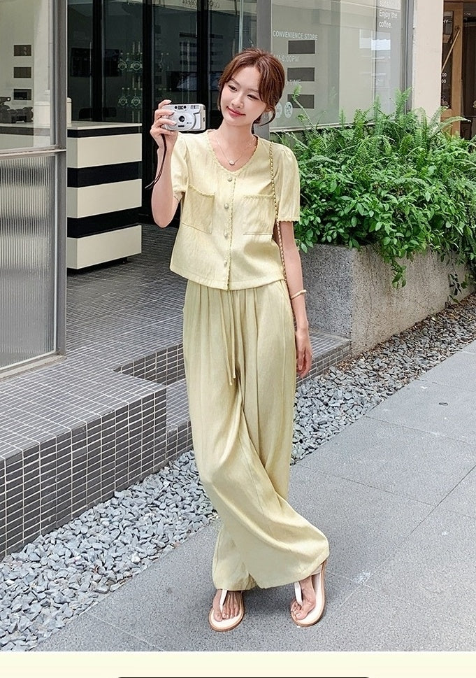 Yellow Casual Relaxed Fit Wide Leg Pants Set