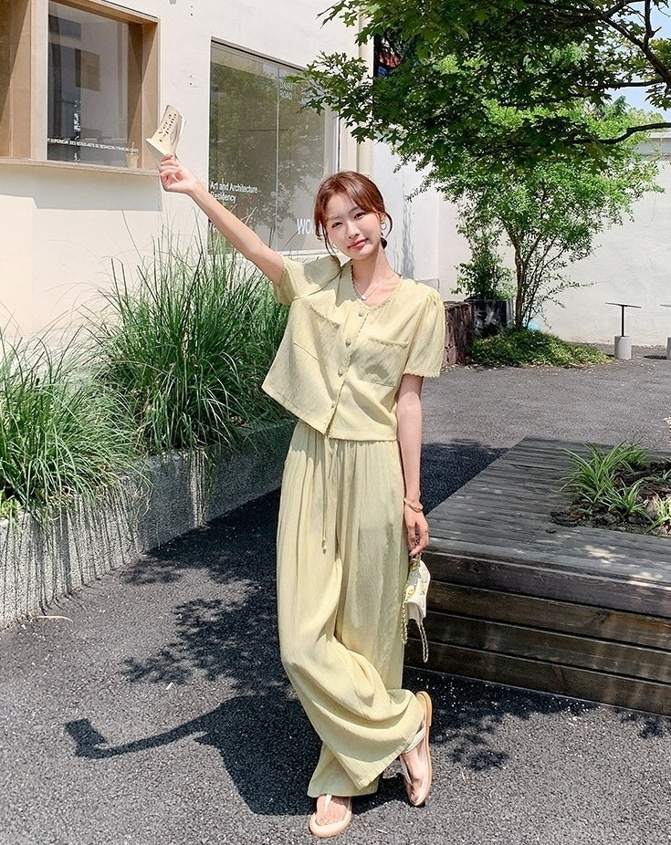 Yellow Casual Relaxed Fit Wide Leg Pants Set
