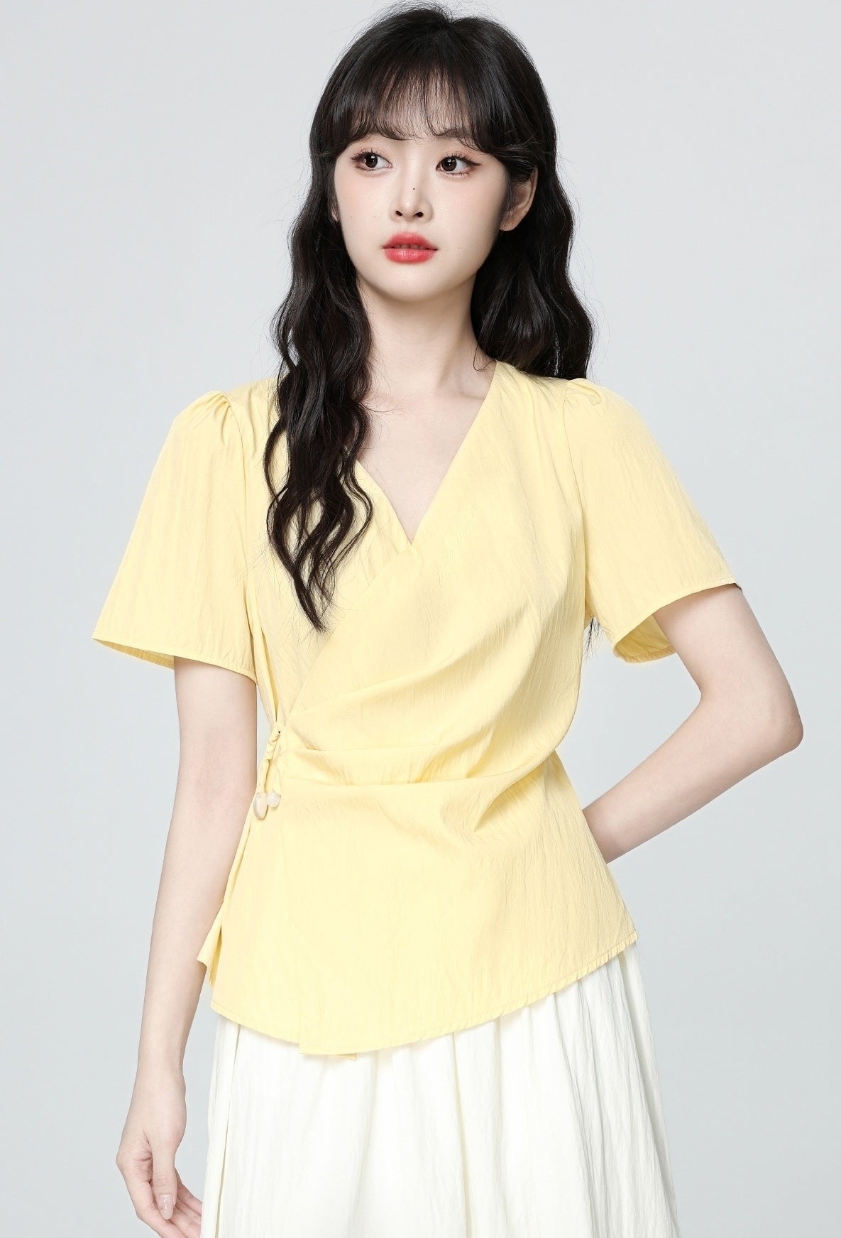 Yellow Cross V Neck Irregular Waist Short Sleeve Shirt