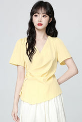 Yellow Cross V Neck Irregular Waist Short Sleeve Shirt