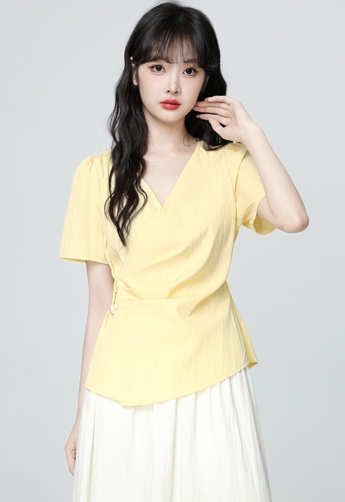 Yellow Cross V Neck Irregular Waist Short Sleeve Shirt