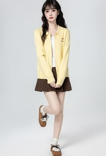 Yellow Double Zip Embroidered Collar Cardigan Jacket