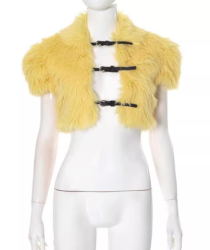 Yellow Faux Fur Short Sleeves Cropped Bolero