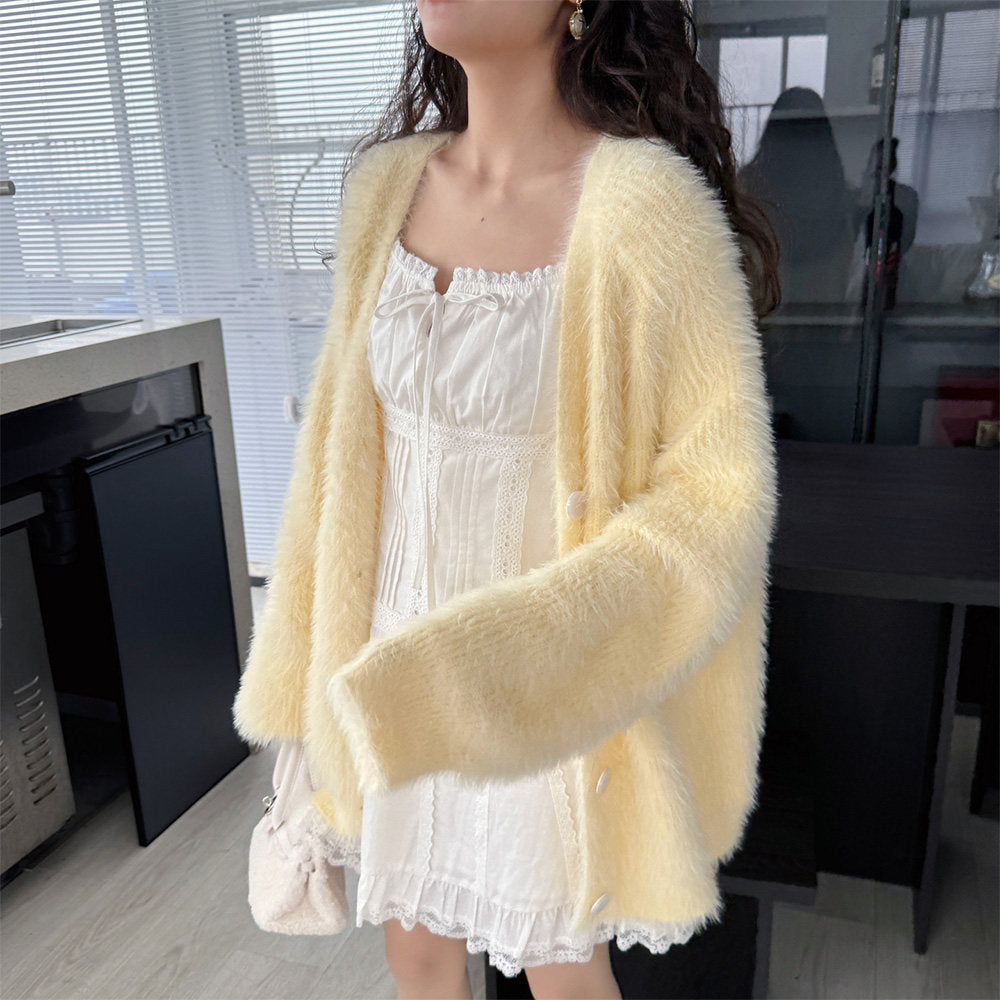 Yellow Fluffy Soft Knit Cardigan