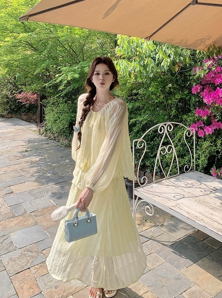 Yellow Fufu Lace Up Long Sleeve Top Skirt Set