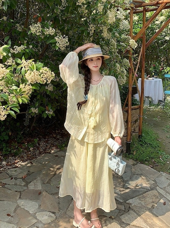 Yellow Fufu Lace Up Long Sleeve Top Skirt Set