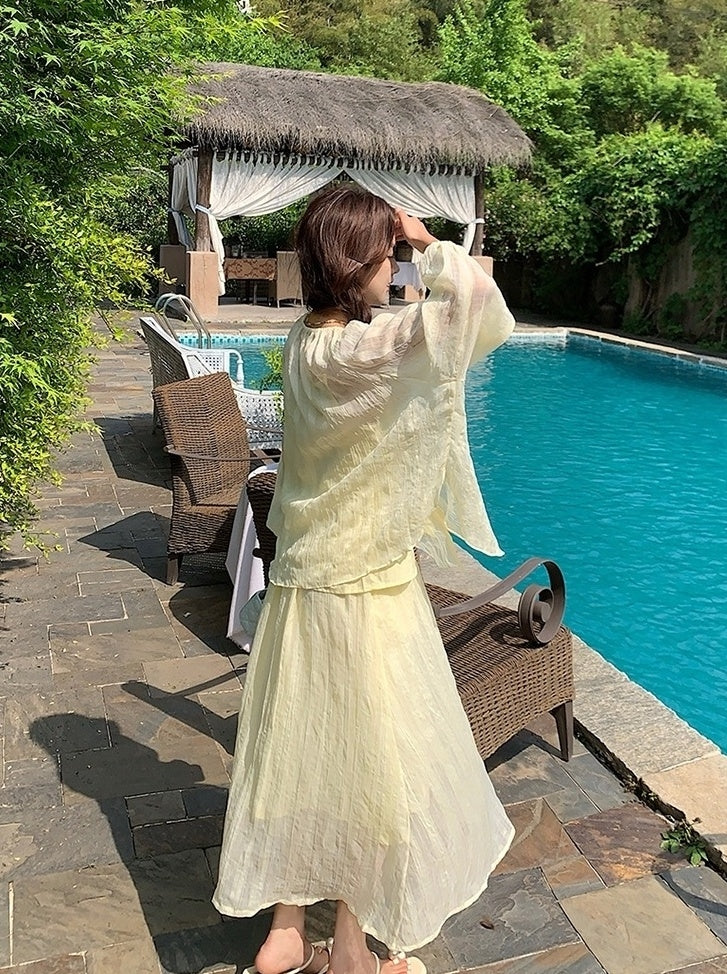 Yellow Fufu Lace Up Long Sleeve Top Skirt Set