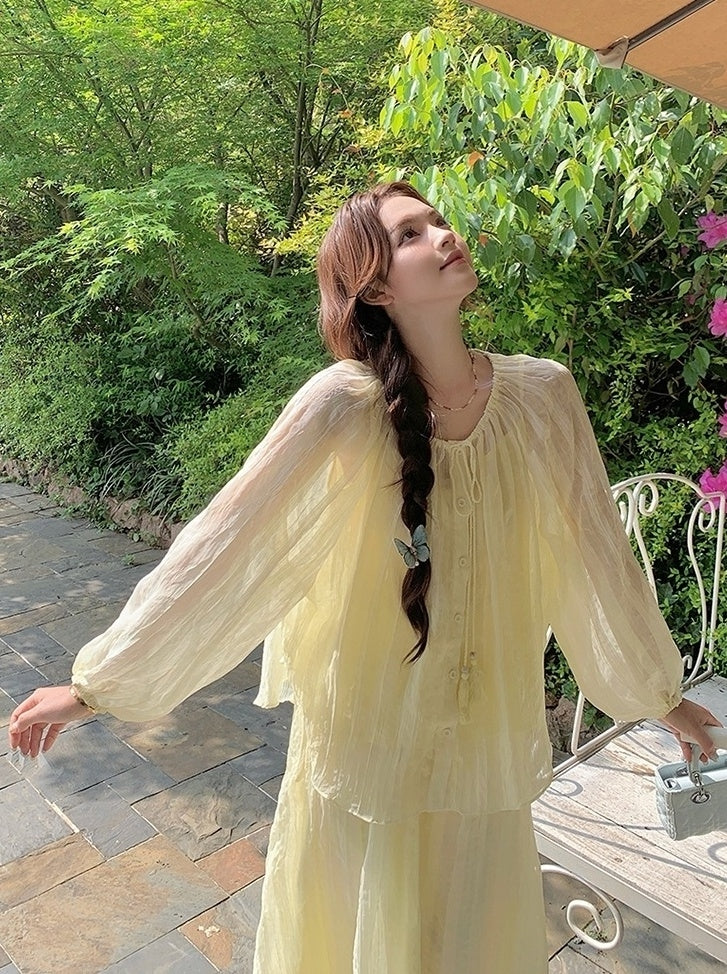 Yellow Fufu Lace Up Long Sleeve Top Skirt Set
