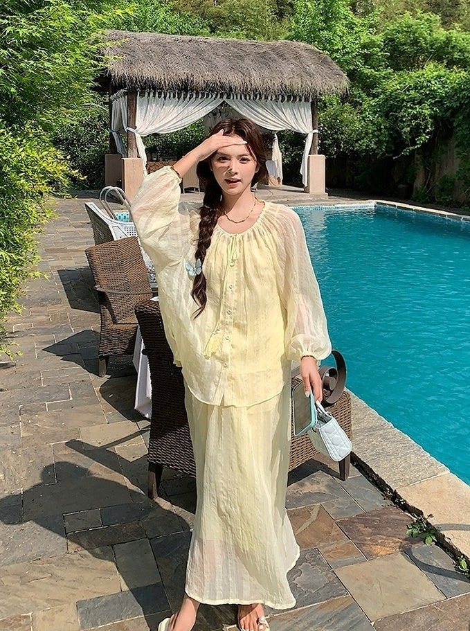 Yellow Fufu Lace Up Long Sleeve Top Skirt Set