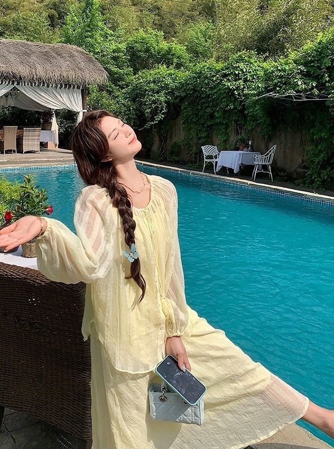 Yellow Fufu Lace Up Long Sleeve Top Skirt Set