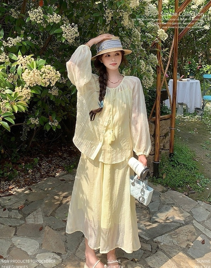 Yellow Fufu Lace Up Long Sleeve Top Skirt Set