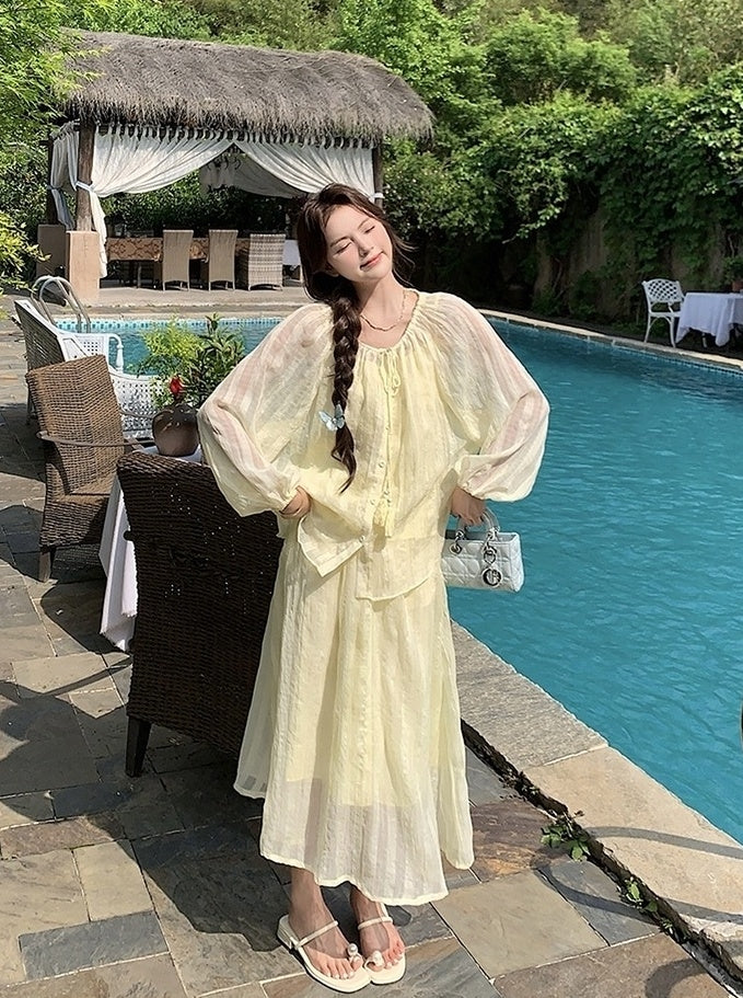 Yellow Fufu Lace Up Long Sleeve Top Skirt Set