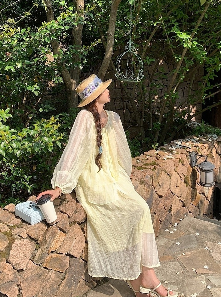 Yellow Fufu Lace Up Long Sleeve Top Skirt Set