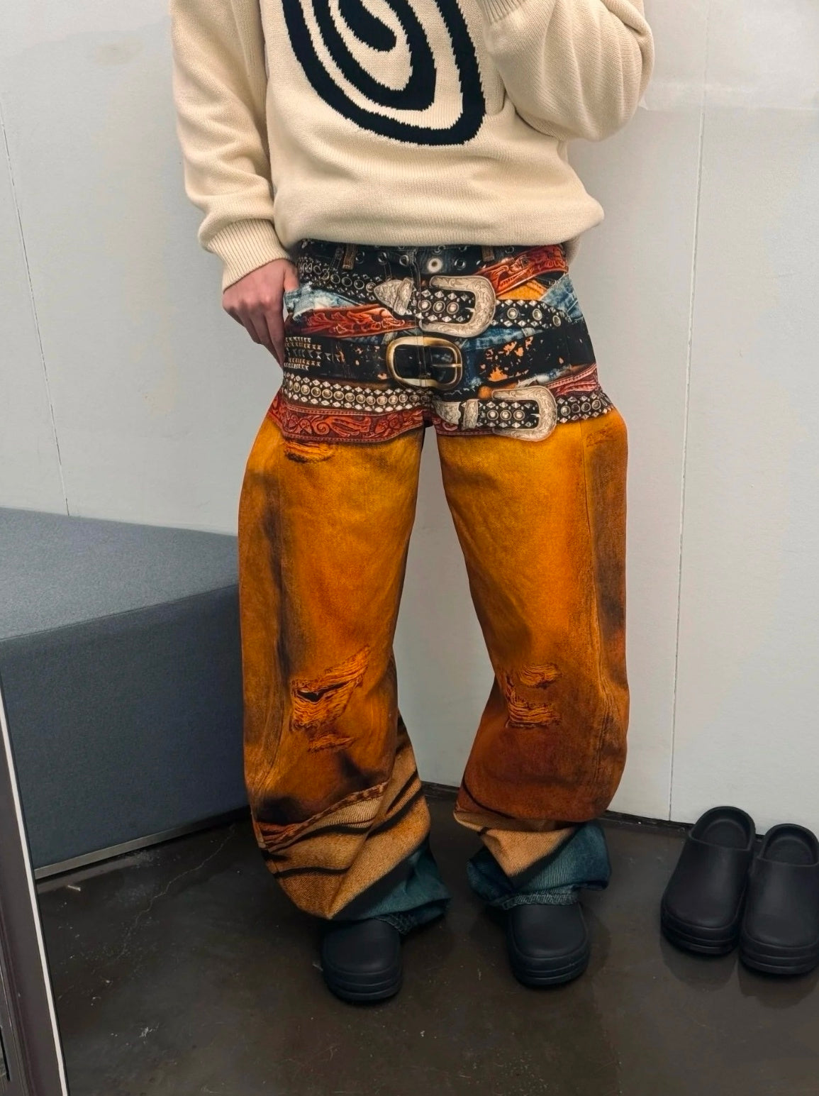Yellow Graphic Belts Printed Jeans