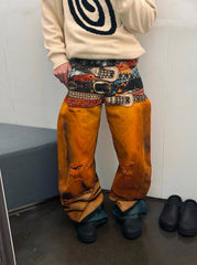 Yellow Graphic Belts Printed Jeans