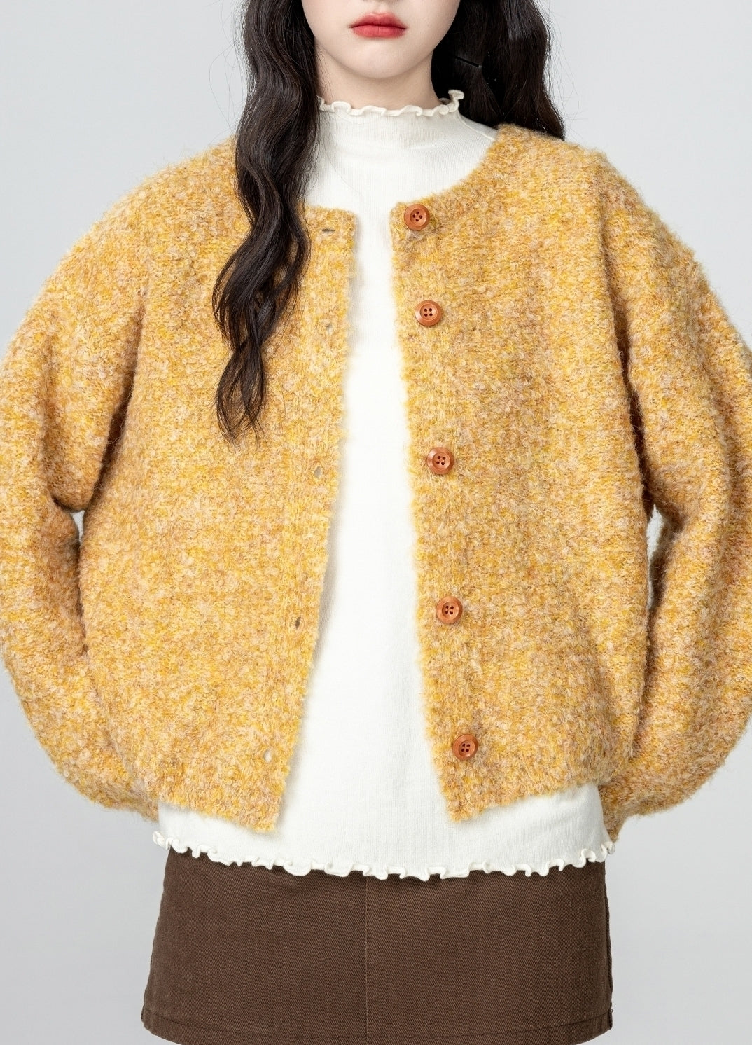 Yellow Knit Cardigan Sweater Loose Fit Cropped Design