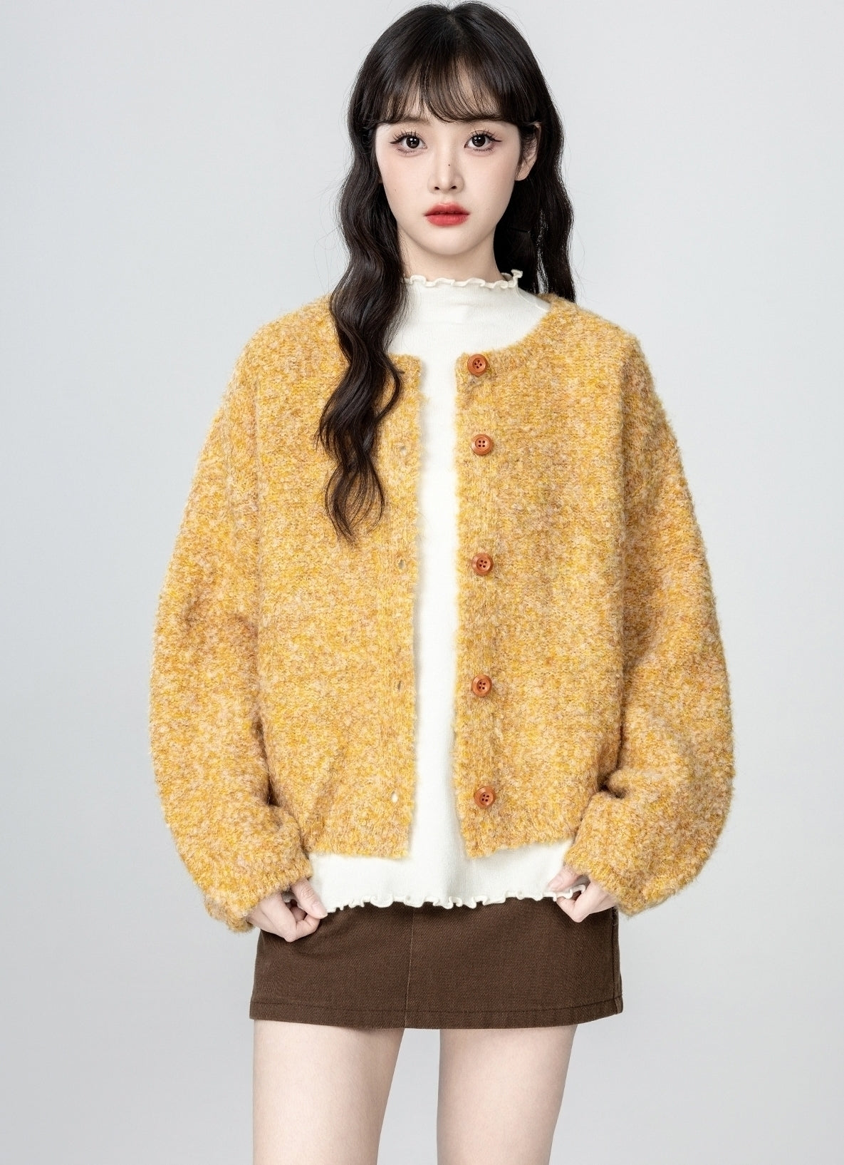Yellow Knit Cardigan Sweater Loose Fit Cropped Design