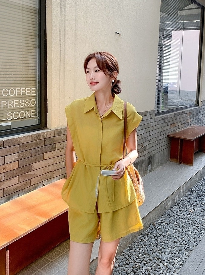 Yellow Korean Style Sleeveless Shirt Commuter Set