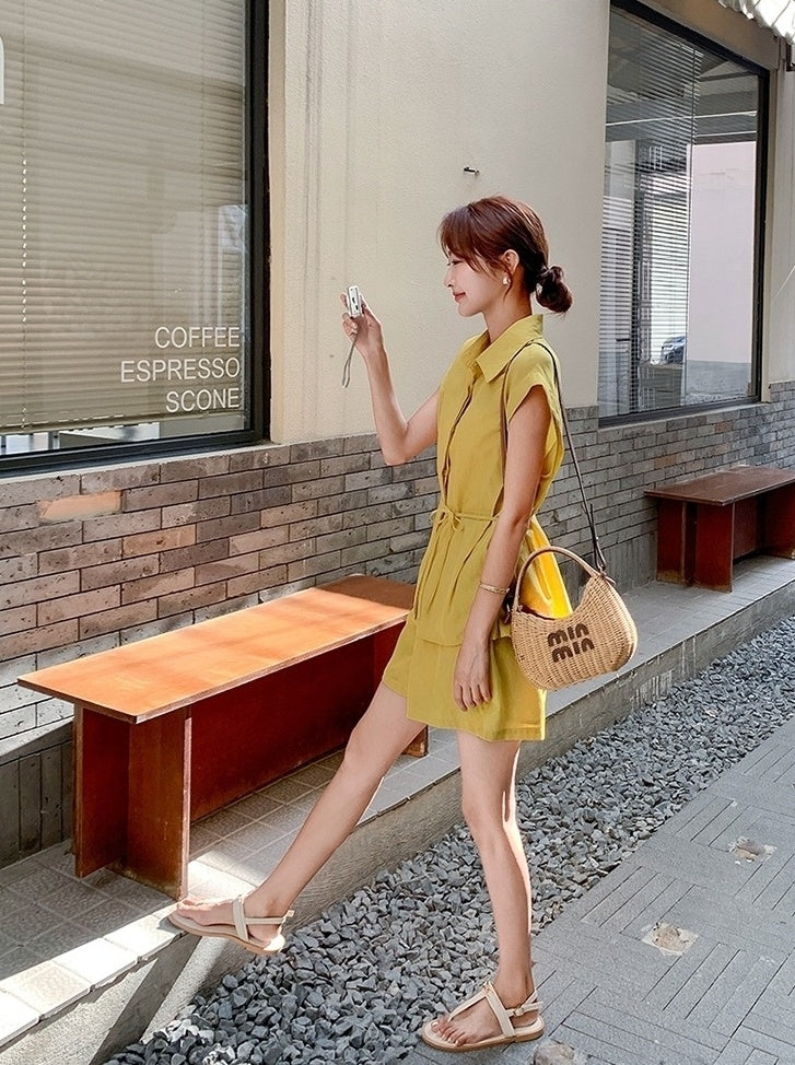 Yellow Korean Style Sleeveless Shirt Commuter Set
