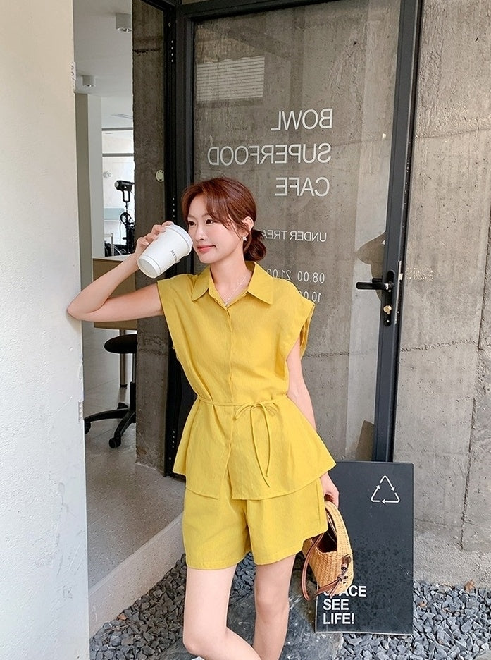 Yellow Korean Style Sleeveless Shirt Commuter Set