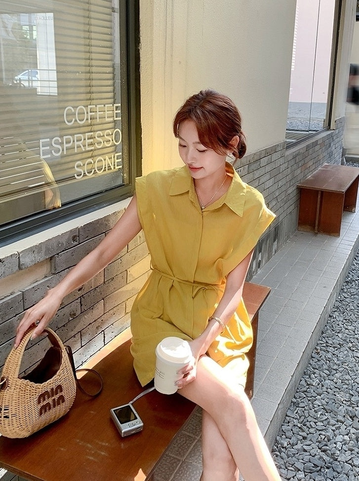 Yellow Korean Style Sleeveless Shirt Commuter Set