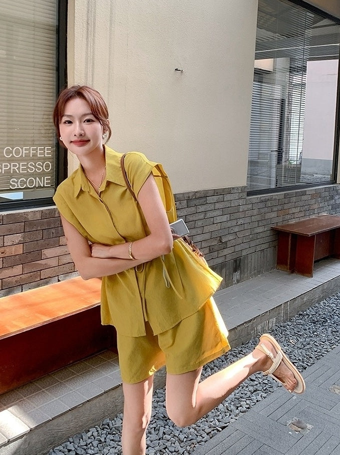 Yellow Korean Style Sleeveless Shirt Commuter Set